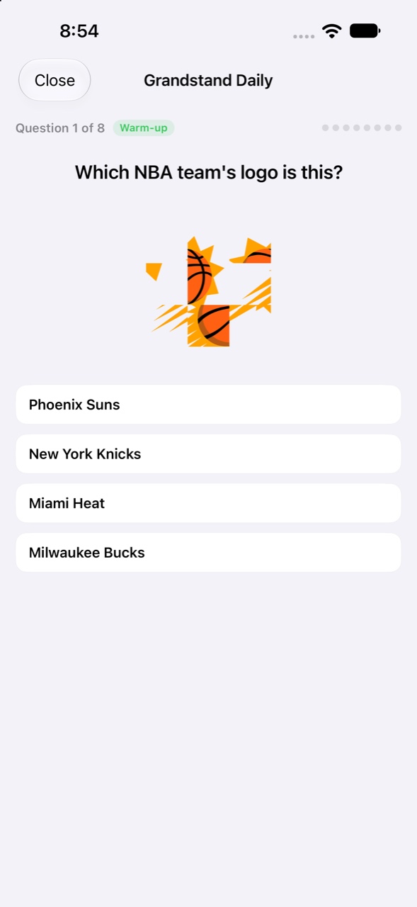 A Grandstand Daily trivia question asking which NBA team's logo is shown, with four possible answers