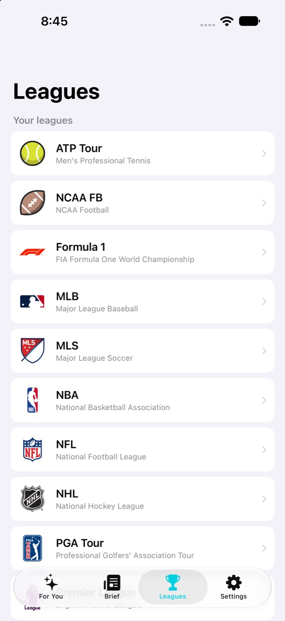 The leagues list showing the ATP Tour, college football, Formula 1, MLB, MLS, the NBA, the NFL, the NHL and the PGA Tour