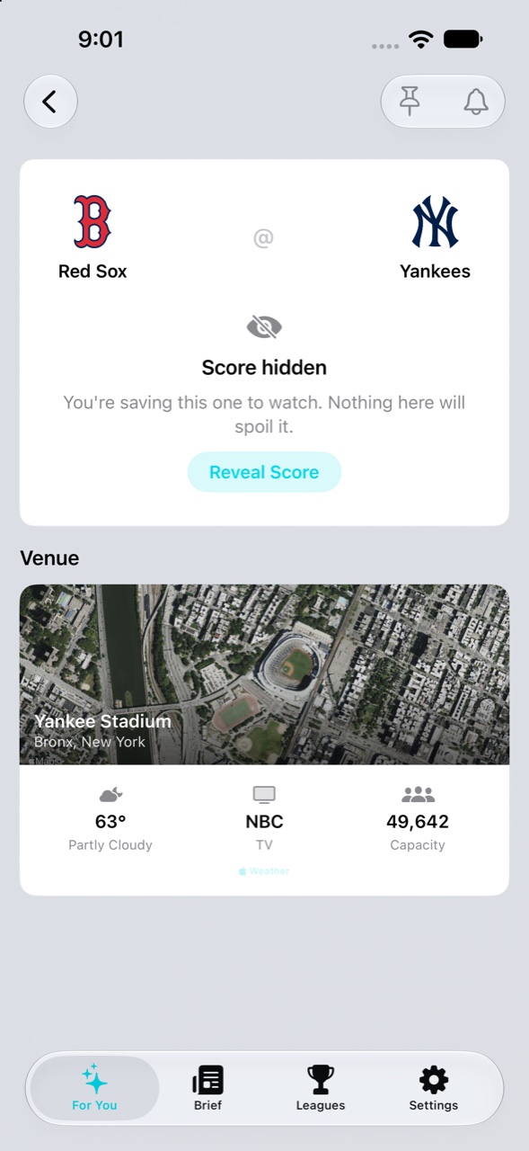 A game page with the score hidden, reading you're saving this one to watch, with a reveal score button